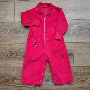 Vtg 60's Baby Health-Tex Stantogs Corduroy Romper Red Embroidered Kitten Cat 2T